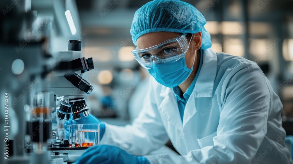 Scientist studying samples with microscope Scientist studying samples with microscope