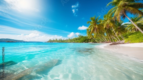 Beautiful tropical ocean with blue sky and palm trees in summer