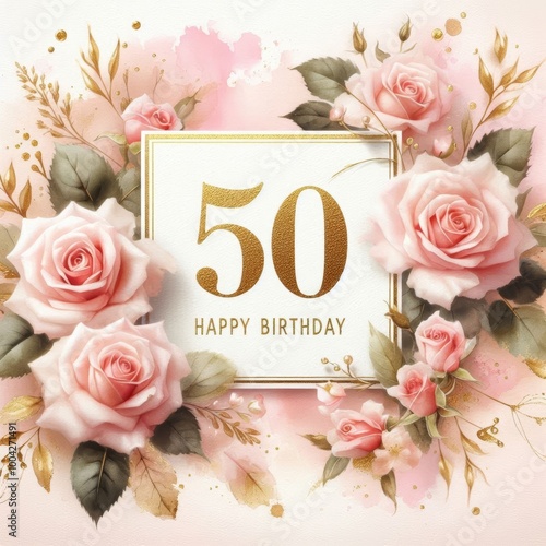 Elegant 50th birthday card design featuring pink roses and golden accents. photo