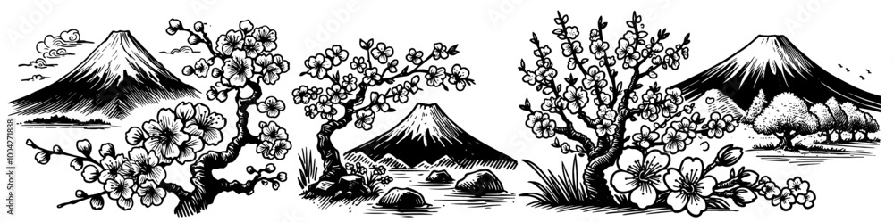 Obraz premium japanese landscape with mount fuji and cherry blossoms vector sketch