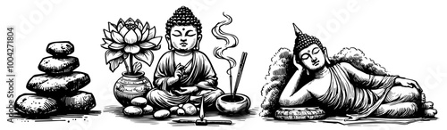 Photography meditating buddha with lotus and incense vector sketch