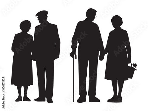Vector illustration. An elderly couple of pensioners. A large set of people.	