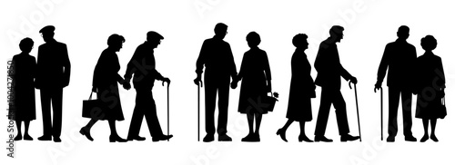 Vector illustration. An elderly couple of pensioners. A large set of people.	