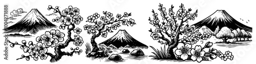 japanese landscape with mount fuji and cherry blossoms vector sketch