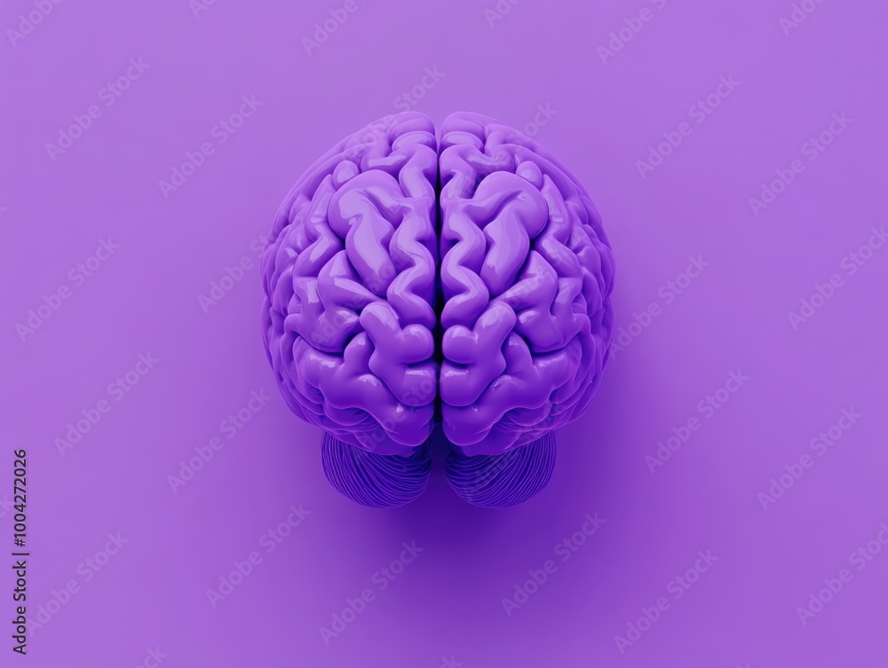 Purple background with a 3D model of the human brain in focus. Purple background with a 3D model of the human brain in focus.