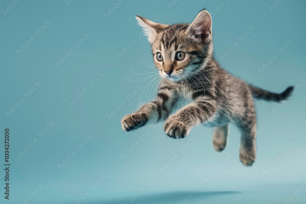 Obraz premium Jumping Cat on Blue Plain Background