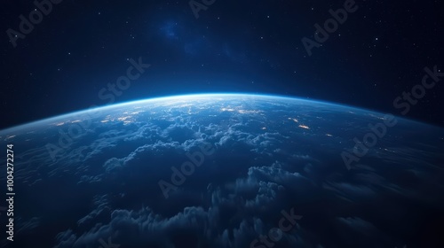 Earth viewed from space with glowing clouds and stars