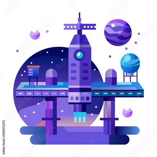 A flat style icon of space station 