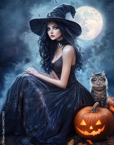 Mystical witch shadows with luminous pumpkins, cat photo