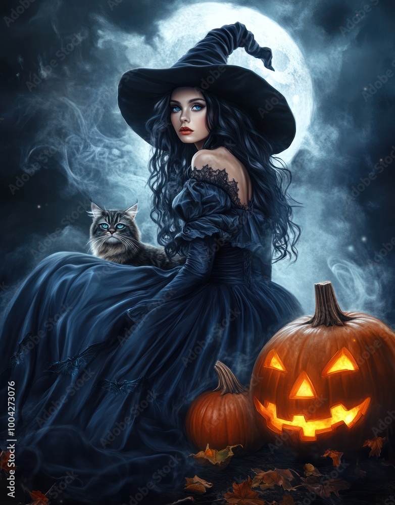 Mysterious witch with hat, cat and pumpkins in moonlight. Mysterious witch with hat, cat and pumpkins in moonlight.