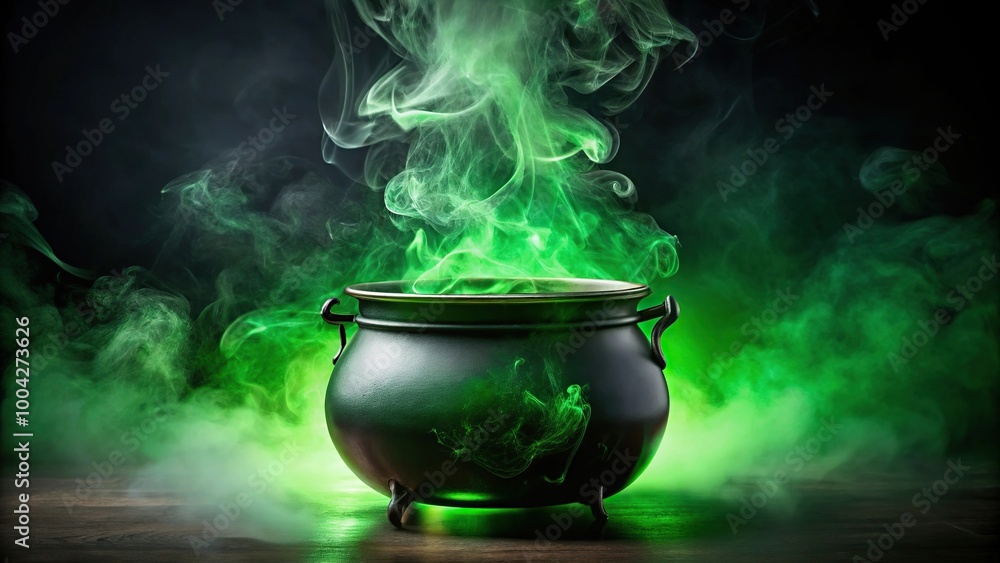 Photo of witches cauldron with green potion and steam reflection Photo of witches cauldron with green potion and steam reflection