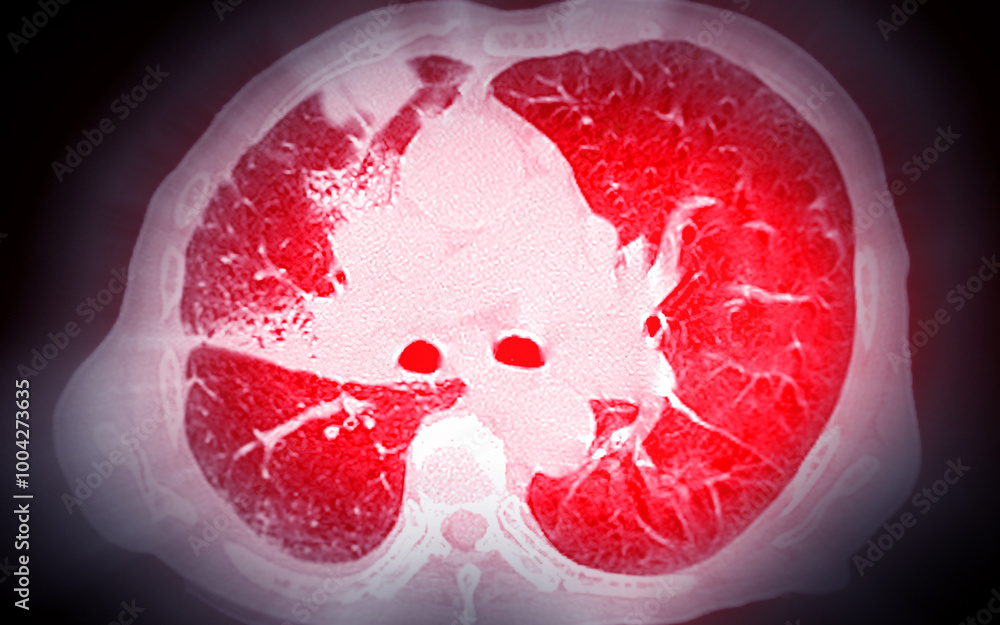 ภาพประกอบสต็อก A CT scan of the chest, featuring the lungs and heart ...