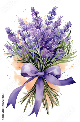 A Painting of a Bouquet of Flowers With a Purple Ribbon