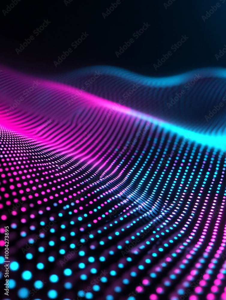 Abstract digital background featuring smooth waves of pink and blue dots creating a mesmerizing visual effect. A minimalist poster in metallic and chrome gradient style. Abstract digital background featuring smooth waves of pink and blue dots creating a mesmerizing visual effect. A minimalist poster in metallic and chrome gradient style.
