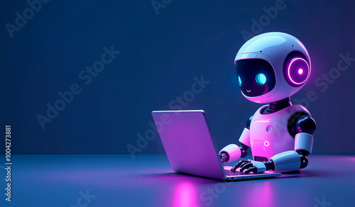 Cute friendly artificial intelligence robot using laptop computer with purple neon glow light, chatbot and AI assistant concept futuristic technology 3d illustration, banner