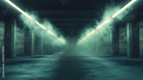 Dark Concrete Corridor with Fog and Neon Lights 3D Illustration