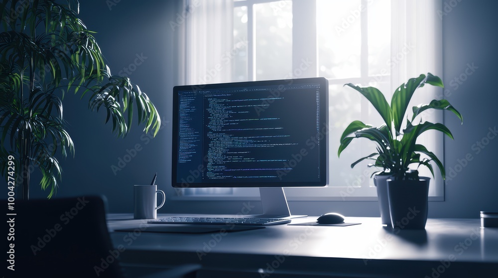 Fototapeta premium Modern workspace with coding on computer screen and plants