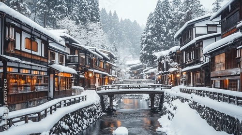 Winter scenery of the antique wooden buildings and historic Ryokan along the riverbanks and bridges over the stream in Ginzan Onsen, which is a famous hot spring town in Obanazawa, Yamagata, Japan