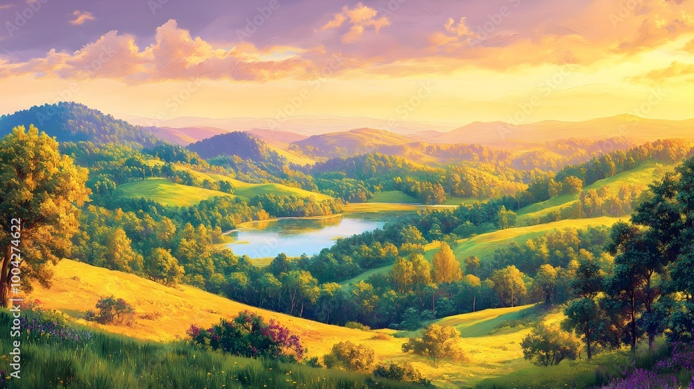 Obraz premium A vibrant and dreamlike impressionistic landscape painting featuring rolling hills lush forests and a shimmering lake set against the backdrop of a serene golden hour sky