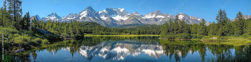 Fototapeta premium Snowcapped mountains lake reflection clear sky green trees