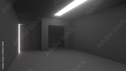 A stark, minimalist image of a dimly lit corridor with a single overhead light, evoking a sense of mystery and isolation.