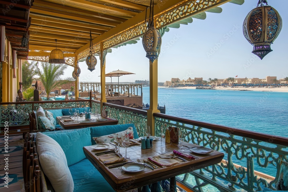 Fototapeta premium Scenic waterfront dining area with vibrant decor and a beautiful view of the sea.