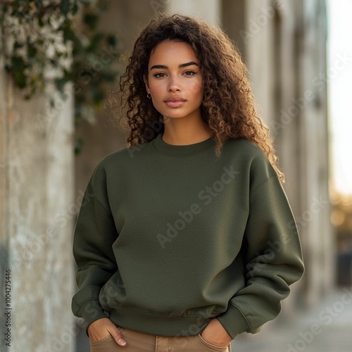 A girl in a khaki sweatshirt, perfect for a mockup with a neutral background. The clean surface is ideal for adding custom designs, making it great for showcasing products in an online shop