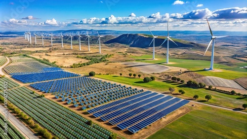 Photovoltaic and wind farms landscape in Albacete province under clear blue sky photo