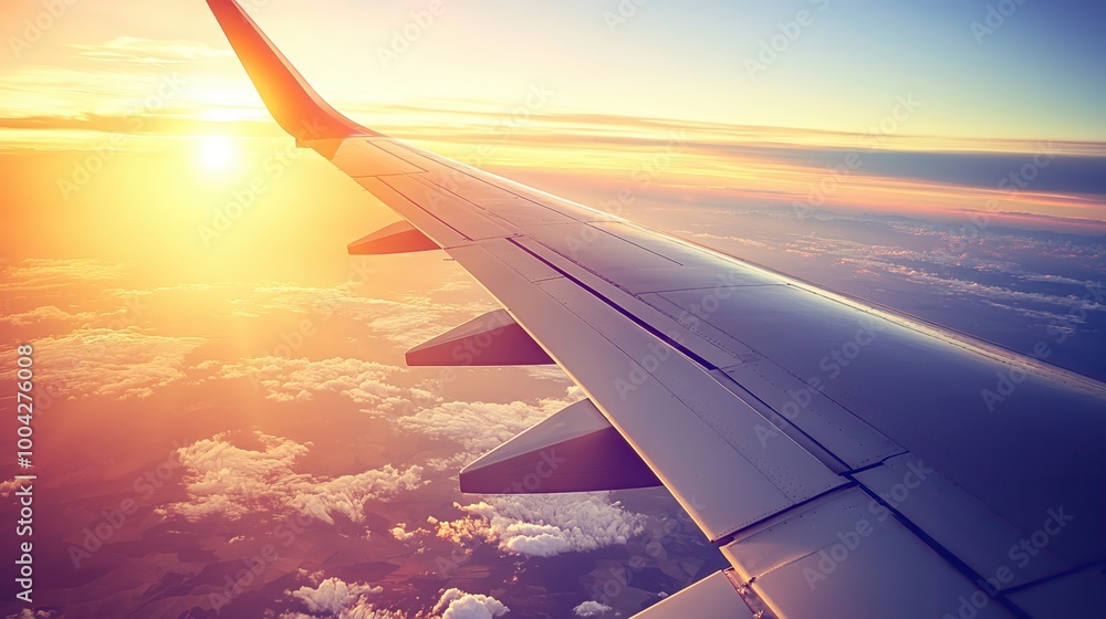 A stunning view from an airplane window showing the wing against a vibrant sunset over fluffy clouds, evoking a sense of adventure and exploration in the sky. A stunning view from an airplane window showing the wing against a vibrant sunset over fluffy clouds, evoking a sense of adventure and exploration in the sky.