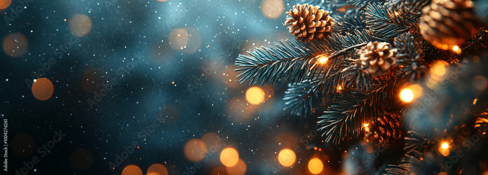 Close-up of a Christmas tree with lights on a dark background – banner design with copy space and blurred bokeh effect. Close-up of a Christmas tree with lights on a dark background – banner design with copy space and blurred bokeh effect.