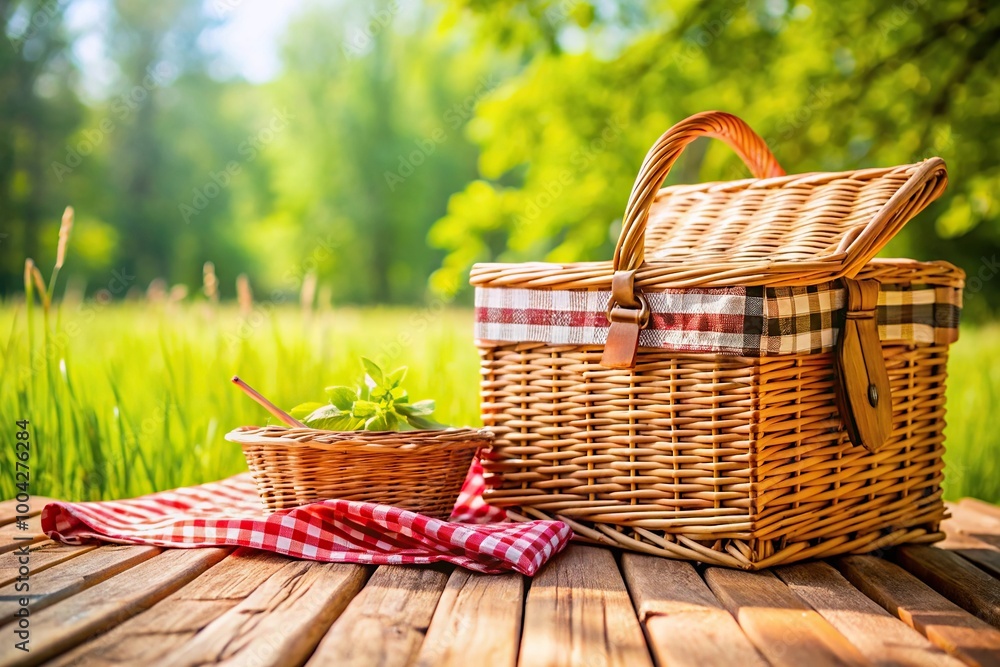 Picnic basket on grassy table prepared for sunny holiday picnic Picnic basket on grassy table prepared for sunny holiday picnic