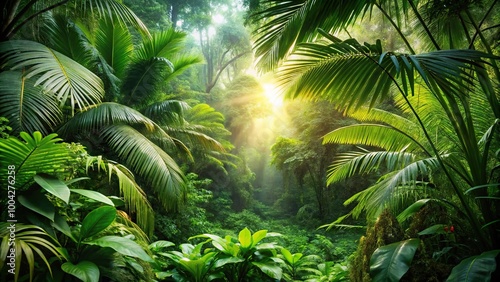 Lush green tropical jungle under warm sun