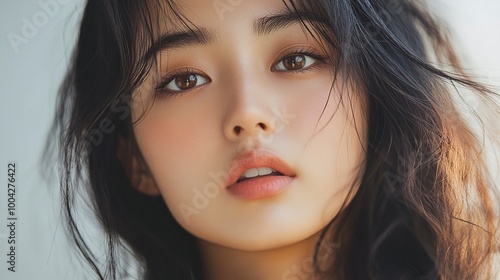 Close-up of a beautiful Asian woman with glowing skin, posing in a studio setting. Ideal for beauty, skincare, and cosmetics advertisements. High quality image for conceptual and promotional use. gene