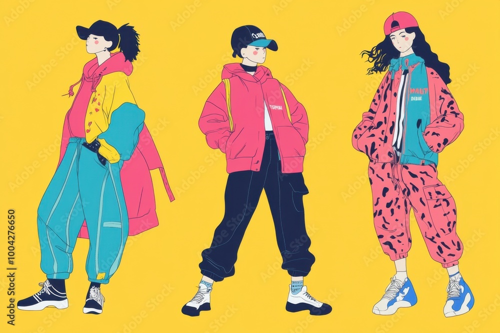 Youthful street fashion illustration with minimalistic design on yellow background Youthful street fashion illustration with minimalistic design on yellow background