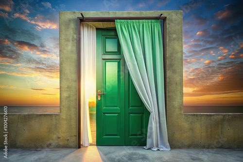 Pictoric green door with a white curtain at sunset low angle view photo