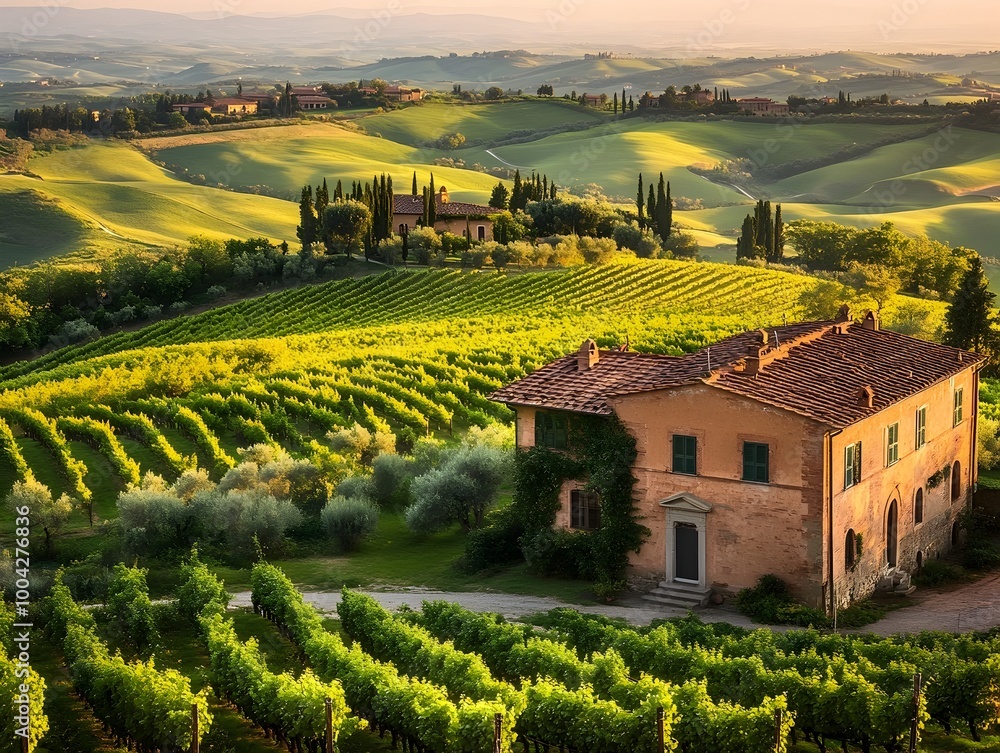 Naklejka premium Quintessential Tuscan Landscape With Undulating Hills Blanketed in Vibrant Green Fields Rows of Grapevines and Olive Orchards