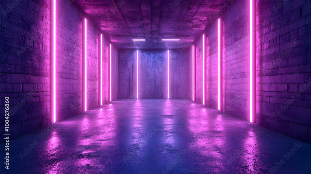 Neon Lights In A Brick Tunnel 3D Illustration Neon Lights In A Brick Tunnel 3D Illustration