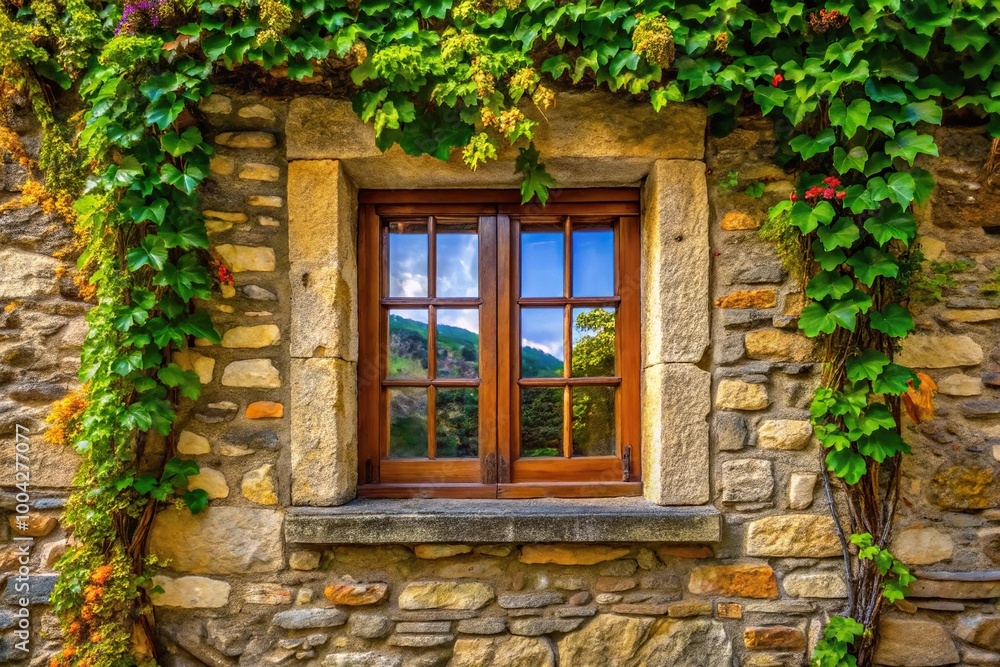 Picturesque window framed with stone exterior vine hanging down Picturesque window framed with stone exterior vine hanging down
