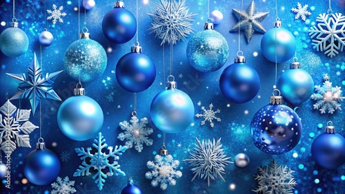 Elegant Modern Blue Christmas Background with Snowflakes and Baubles for New Year Greeting Cards