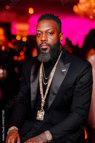 Sophisticated Man in Black Suit with Gold Necklace at Elegant Event