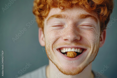 Confident, charismatic, handsome man winks his eye and cracks a hard nut. Close up head shot of a young ginger guy demonstrating his healthy teeth and trying to crack a walnut. Dental health concept photo