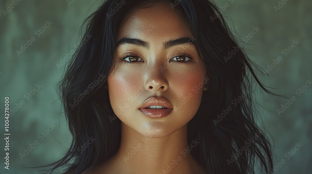 Close-up of a beautiful Asian woman with glowing skin, posing in a studio setting. Ideal for beauty, skincare, and cosmetics advertisements. High quality image for conceptual and promotional use. gene Close-up of a beautiful Asian woman with glowing skin, posing in a studio setting. Ideal for beauty, skincare, and cosmetics advertisements. High quality image for conceptual and promotional use. gene
