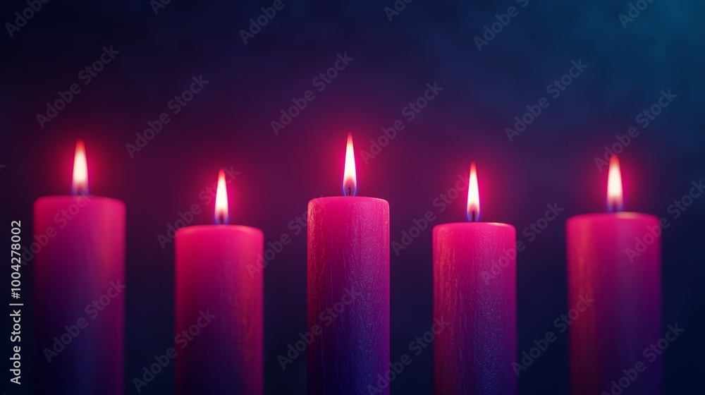 Five pink candles lit against a dark backdrop, creating a serene and atmospheric glow, perfect for relaxation and ambiance Five pink candles lit against a dark backdrop, creating a serene and atmospheric glow, perfect for relaxation and ambiance