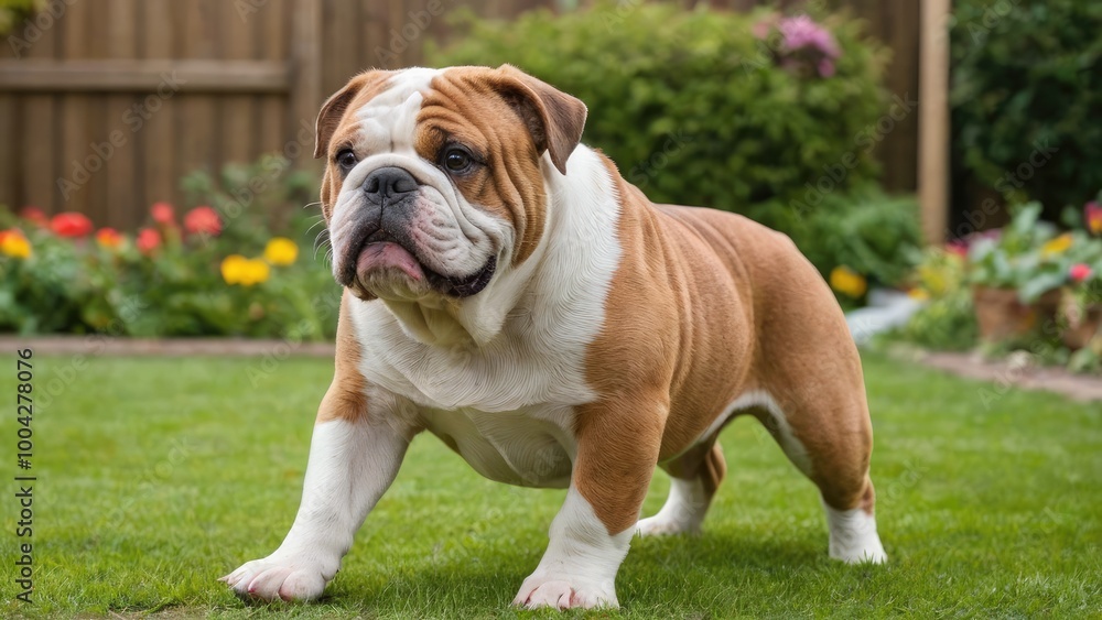 Red english bulldog in the garden Red english bulldog in the garden