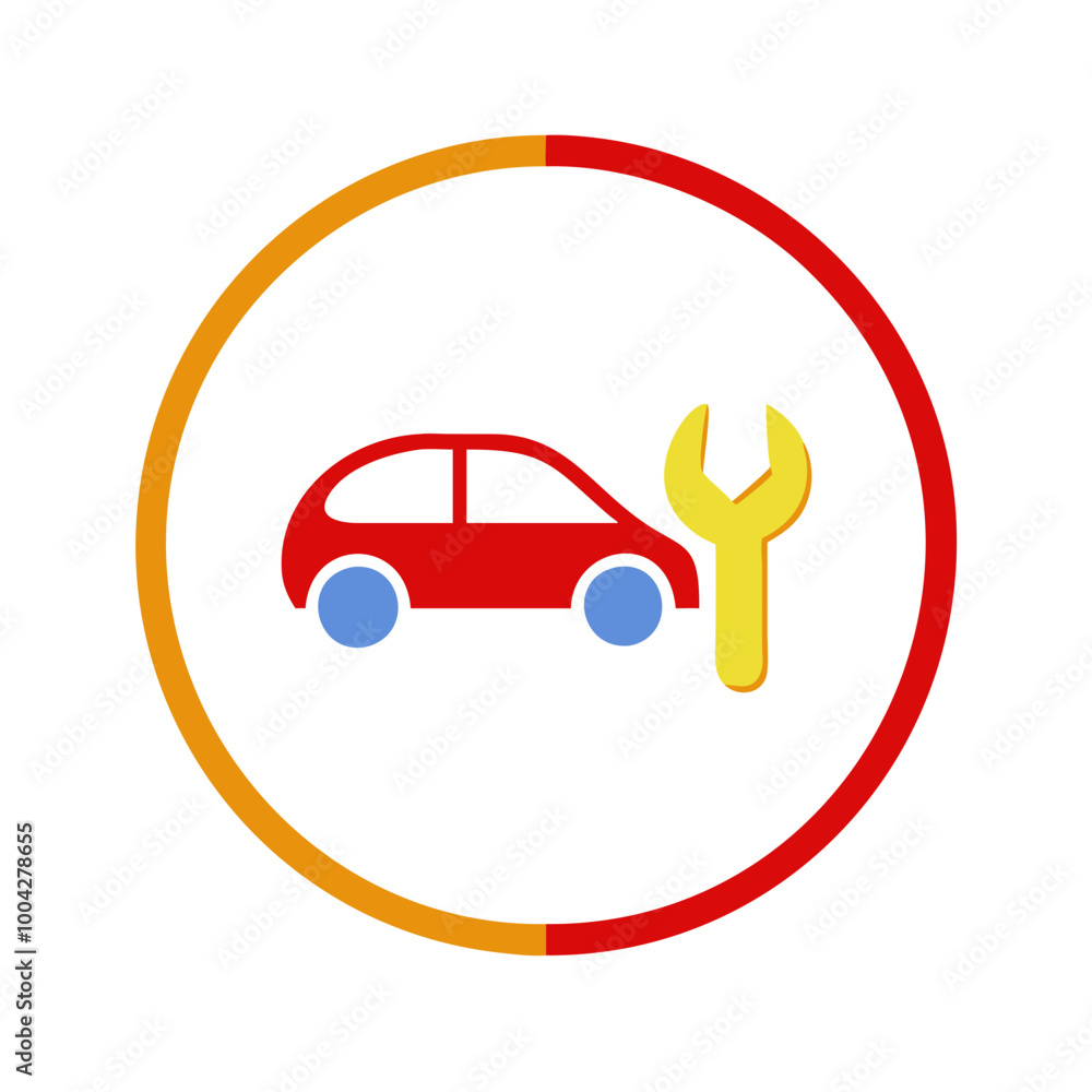 Red car repair icon with wrench in flat design Red car repair icon with wrench in flat design