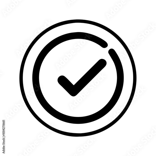 Black and white check mark icon in simple circle design, simple monochrome vector