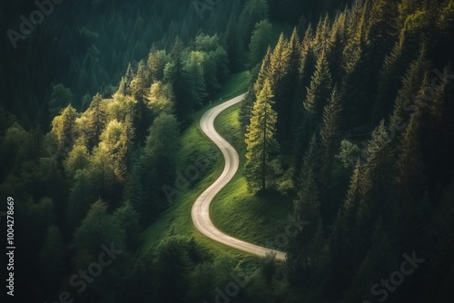 Aerial view of a winding road through a forest in the mountains, near Tatra National Park in Switzerland. High-resolution photography, insanely detailed