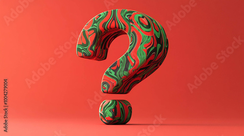 Question mark with 3d minimal style made with easern folklore patterns with vibrant red and green colors