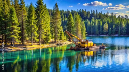 Pine trees on shore and yellow dredge floats in blue water