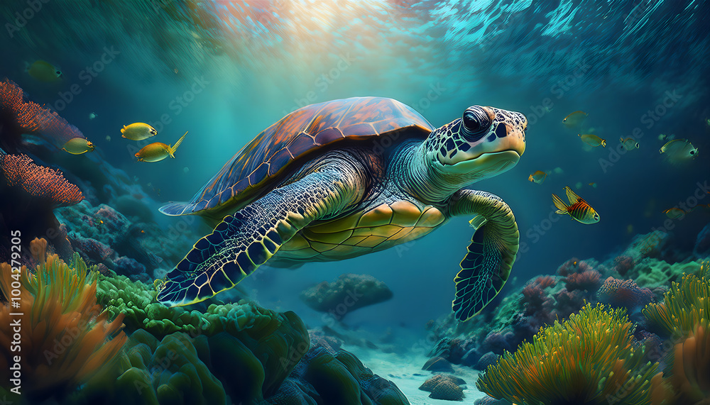 Fototapeta premium Turtle swimming underwater, underwater world